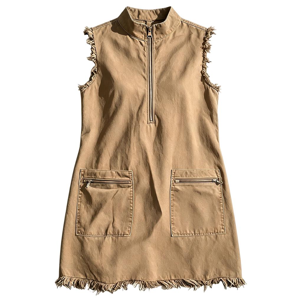 Women Sleeveless V Neck Zip Front Hem Mini Dress with Patch Pockets Casual Solid Relaxed Fit Sundress