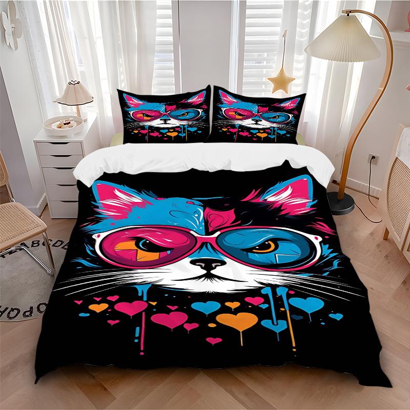 3pcs Colorful Cat with Sunglasses Bedding Set - Includes Quilt Cover and Pillowcases, Suitable for All Seasons,