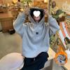 Women's Fleece-Lined Embroidered Hoodie, Thick Loose Fit, Long-Sleeve, White/Gray, New 2025 Style for Autumn/Winter.