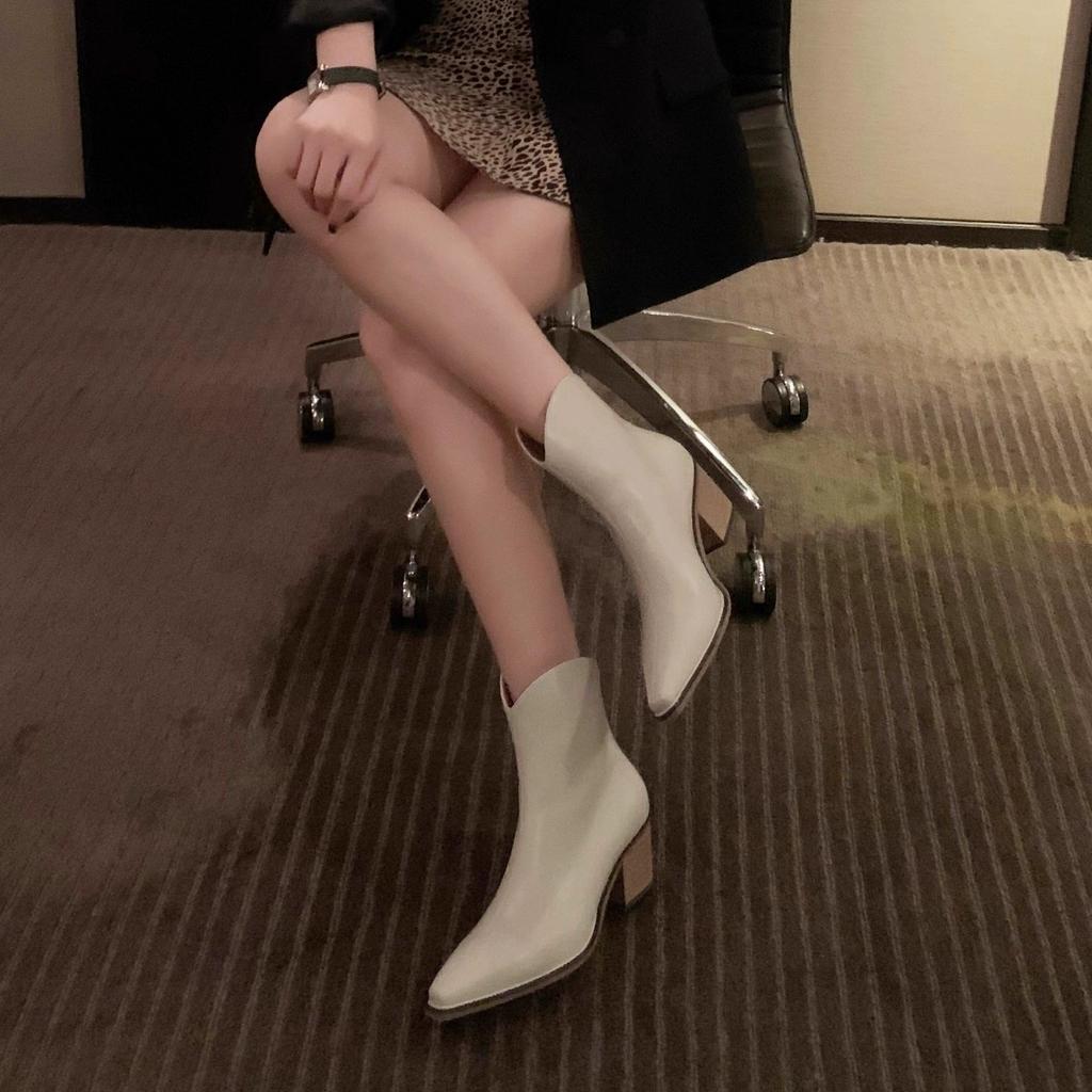 Cowhide version~ French small boots leather pointed head v-mouth short western boots women's thick heel high heel and ankle boots Martin boots