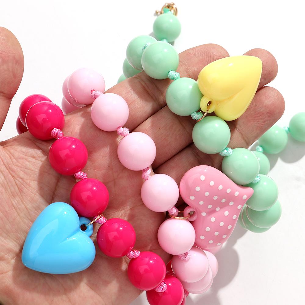 New Colorful Acrylic Heart Pendant Necklace for Women Summer Trendy Handmade Round Beads Y2K Choker Statement Jewelry Gift