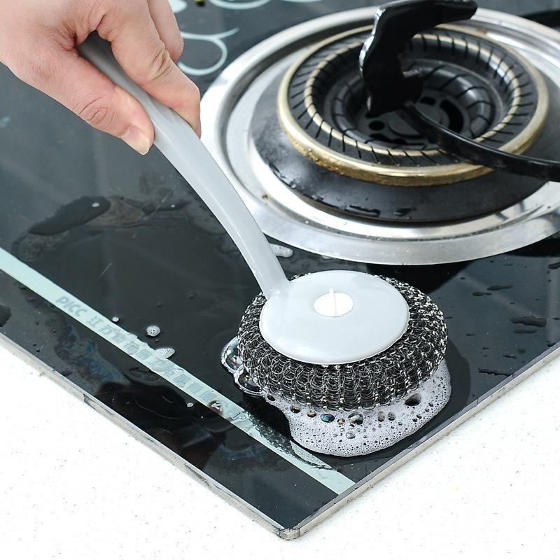 Brush Pan Long Hanging Kitchen Handle Oil Cleaning Brush With Steel Ball Scrub Dish Brush
