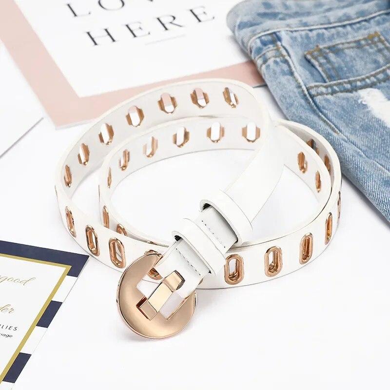 Fashionable Belts Gold Color Buckle Large Rivet Belt Hole Belt Trendy Jeans Belt Woman's Apparel Accessories