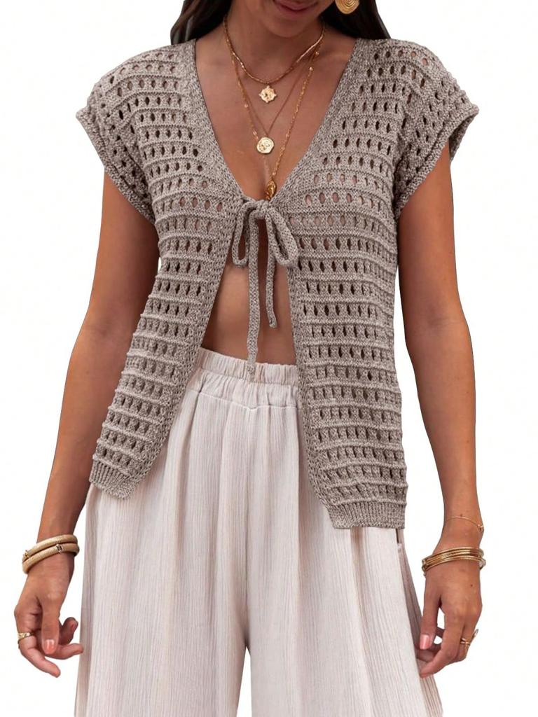 Women's Tie Front Crochet Shrug Short Sleeve Open Front Cropped Knit Cardigan