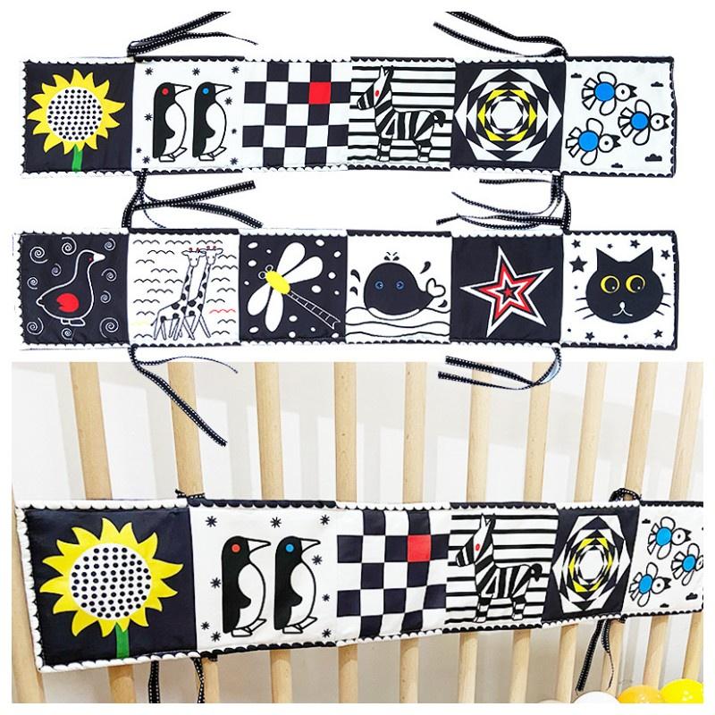 Nowa Dwustronna Czarno-Biała Książeczka-Ochraniacz do Łóżeczka Dziecięcego z Odporną na Rozdarcia Zabawką 3D do Wczesnej Edukacji i Urządzeniem Dźwiękowym