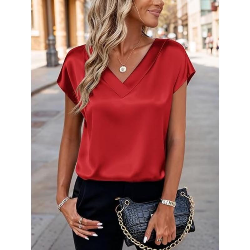 Damska koszulka Wiosna i Lato Jednolity Kolor Biznesowe Top V-neck Casual Luźne Damskie Koszulki Moda Prosty Elegancki Satynowy Biurowy Damski T-shirt