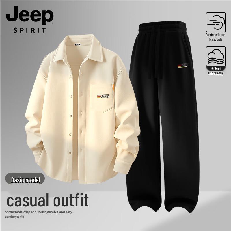 JEEP SPIRIT Men s Corduroy Long Sleeve Shirt & Casual Pants Two-Piece Set