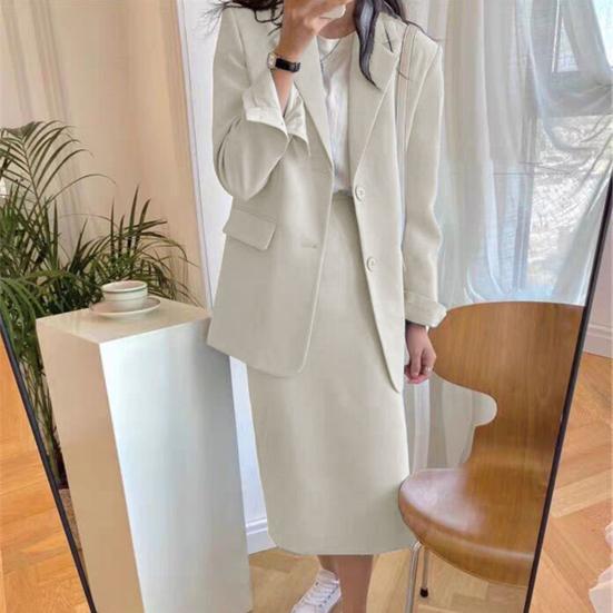 2Pcs/Set Women Suit Set Lapel Long Sleeve Flap Pockets Suit Coat High Waist Midi Skirt Set Solid Color Office Lady Suit Workwear