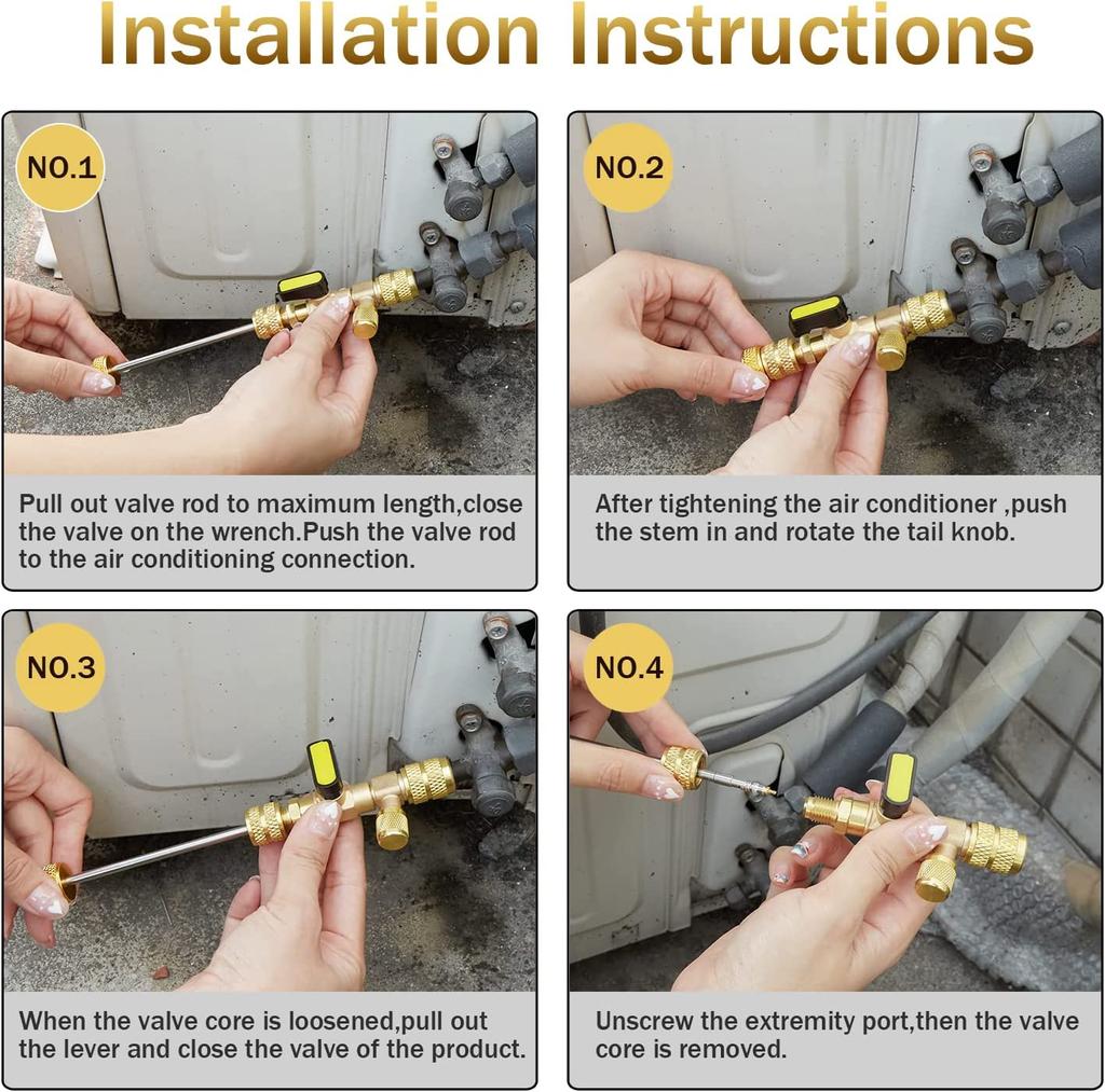 Valve Core Remover Installer Tool Kit with Dual Size 1/4 & 5/16 Port for with R22 R12 R407 R410 R404 R32 R600 HVAC System