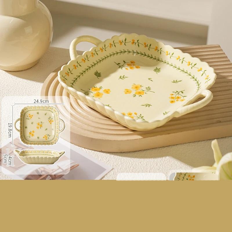 Circular Small Flowers Ceramic Plate Home Afternoon Tea Dessert Baking Plates Exquisite Breakfast Salad Plate Creative Tableware