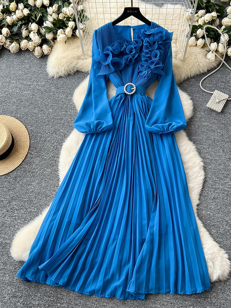 Vestido Elegante de Moda Primavera Outono para Mulheres Novo Francês Borda Cogumelo Crimpado Solto Chiffon Manga Longa Vestido Longo