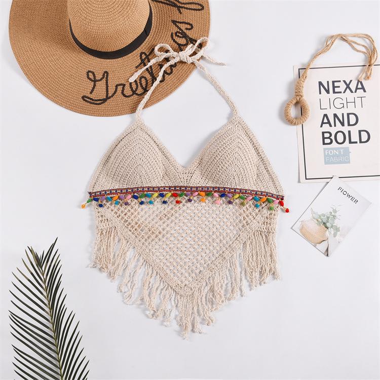 Lace-up Neck Small Vest, Sling Women's Summer Short Style with Chest Pad Inside, Backless Hollow Tube Top Embroidered Vest
