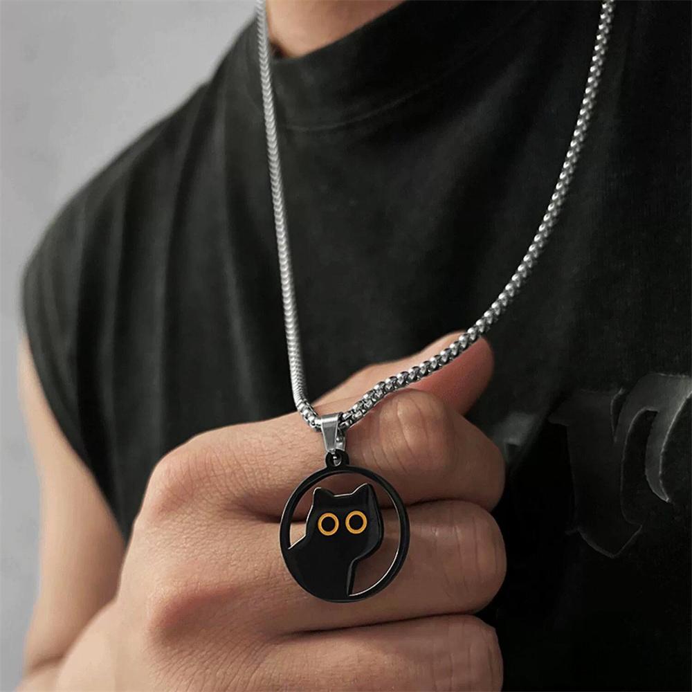 2024 Titanium Steel Black Cat Necklace For Women Men Trend Black Round Cat Pendant Sweater Chain Couple Neck Accessories