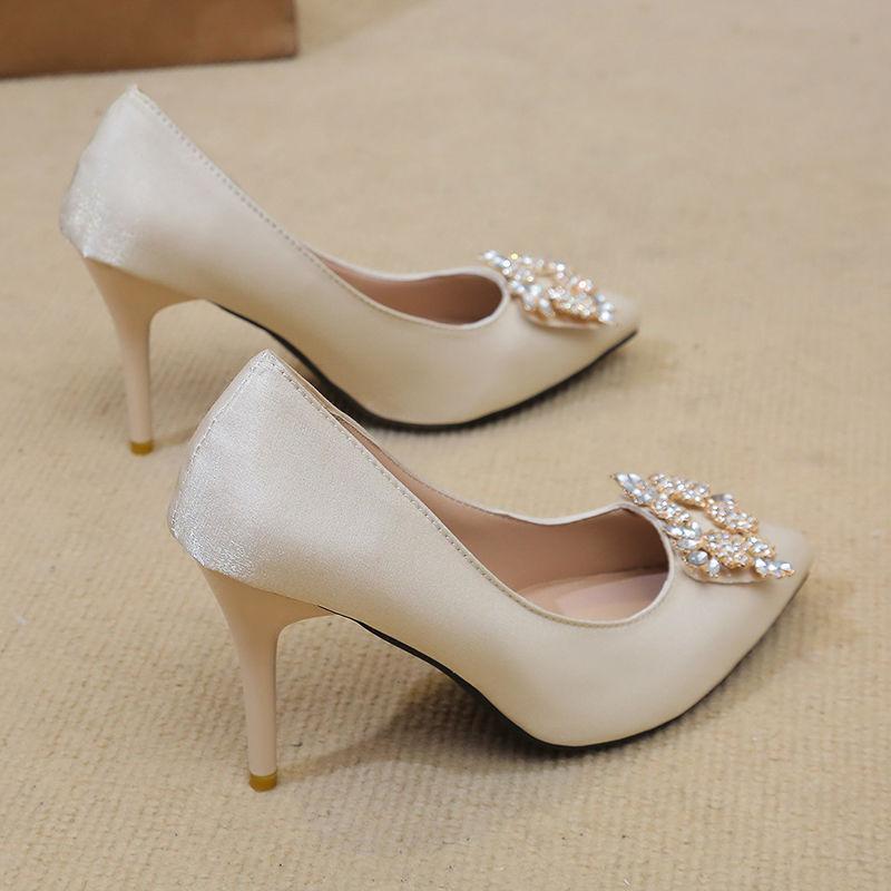 High Heels Pointed Thin Heels Fashion Shoes 2025 New Sexy Metal Buckle Light Mouth Champagne Professional Versatile Single Shoes