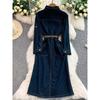 Hong Kong style star temperament single-breasted lapel denim dress women's autumn strap waist split long dress