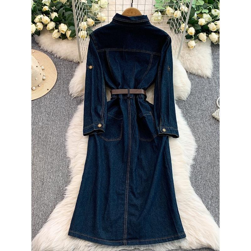 Hong Kong style star temperament single-breasted lapel denim dress women's autumn strap waist split long dress