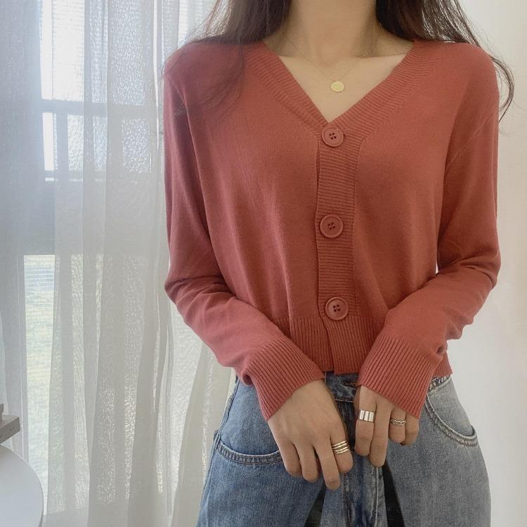 Women's Solid Color V-Neck Knitted Cardigan Long Sleeve Pullover Sweater Single Breasted Button Spring Fall Outerwear Tops Small Fresh One Size
