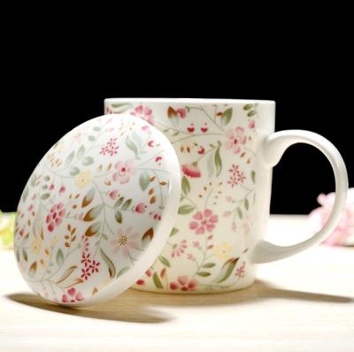 350ML, echte Knochen China Kaffeetasse, florales Design, Porzellan Original Frühstückstassen, Keramiktassen und Becher mit Deckel, süße Tasse