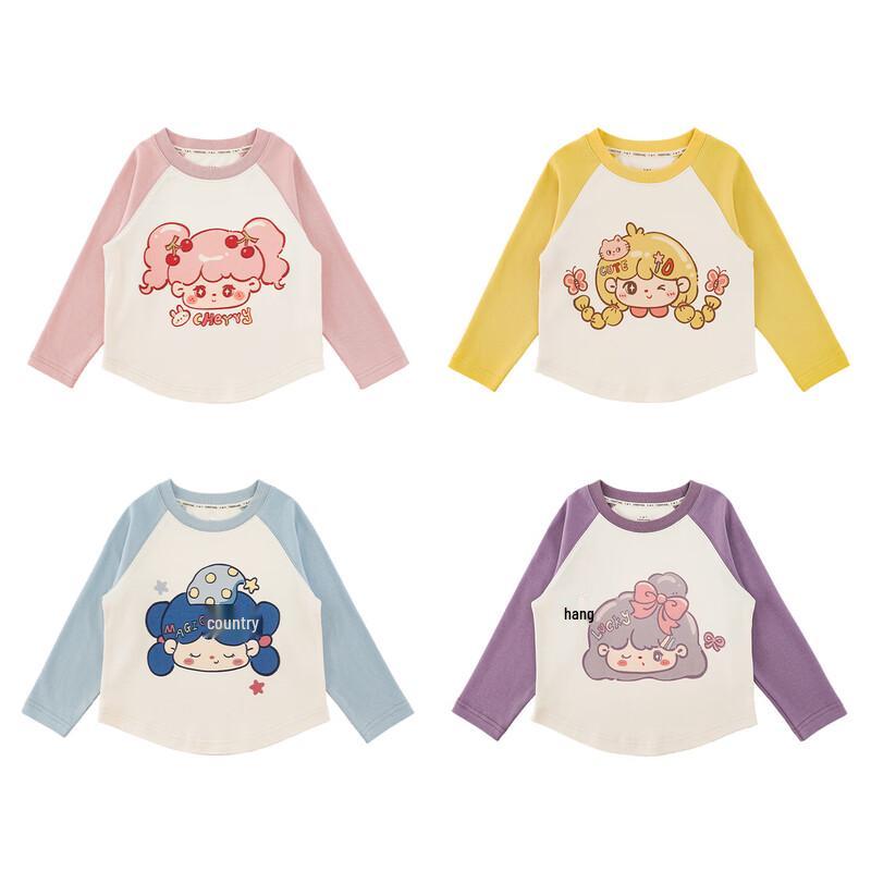 Girls' Long Sleeve Cartoon Color Block T-Shirt with Anti-Bacterial Tech