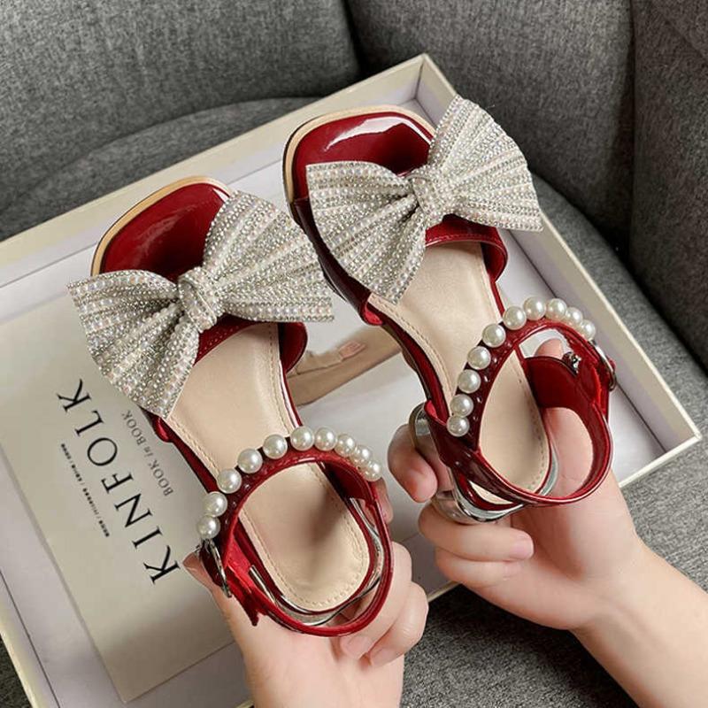 Girls summer sandals, rhinestone high-heel princess shoes for little girls 26 бордовый