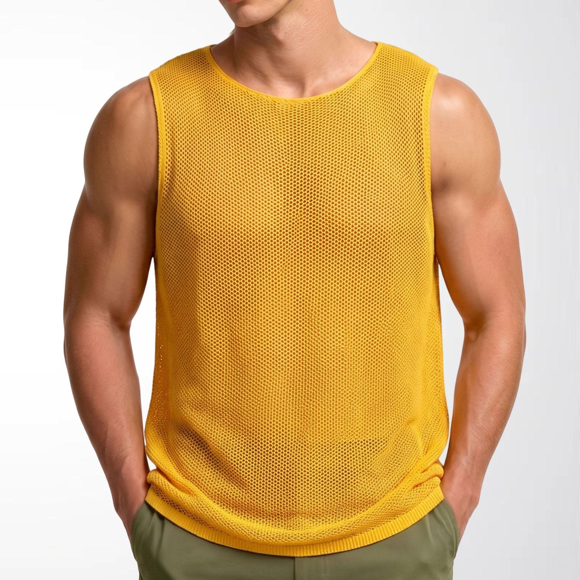

Men s Sleeveless Tank Tops Knitted Hollow Out Crochet T-Shirts Muscle Summer Vacation Beach Shirts Casual Athletic Muscle Pullover Vest Top for Male M жёлтый