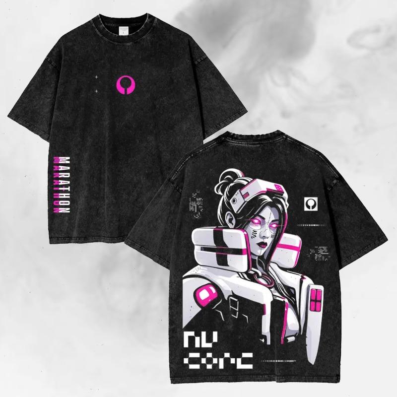 

Vintage Washed T-Shirt Neon Glitch Sci-Fi Streetwear Tee Summer Men s and Women s Washed T-shirt 3XL