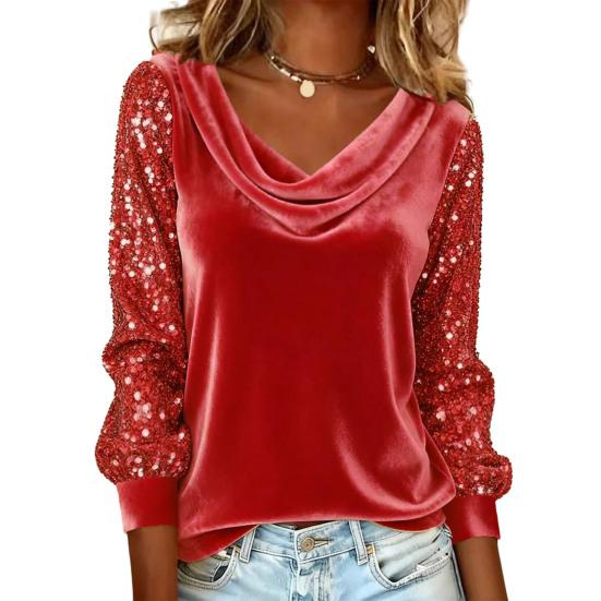 Women Tops Piled Collar Sequined Long Sleeves Velvet Texture Blouse Solid Color