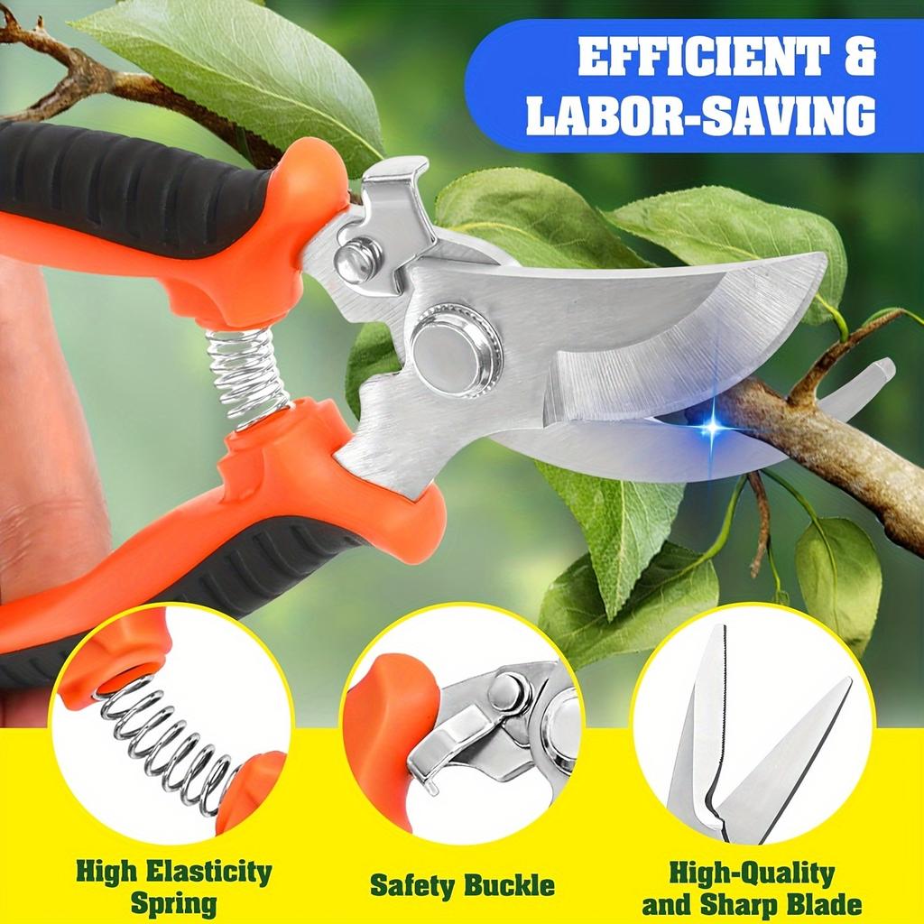 3pcs Garden Pruning Shears Set - Stainless Steel, Non-Slip Handles, Labor-Saving High-Tension Springs, Metal Blade Trimmers for Efficient Gardening