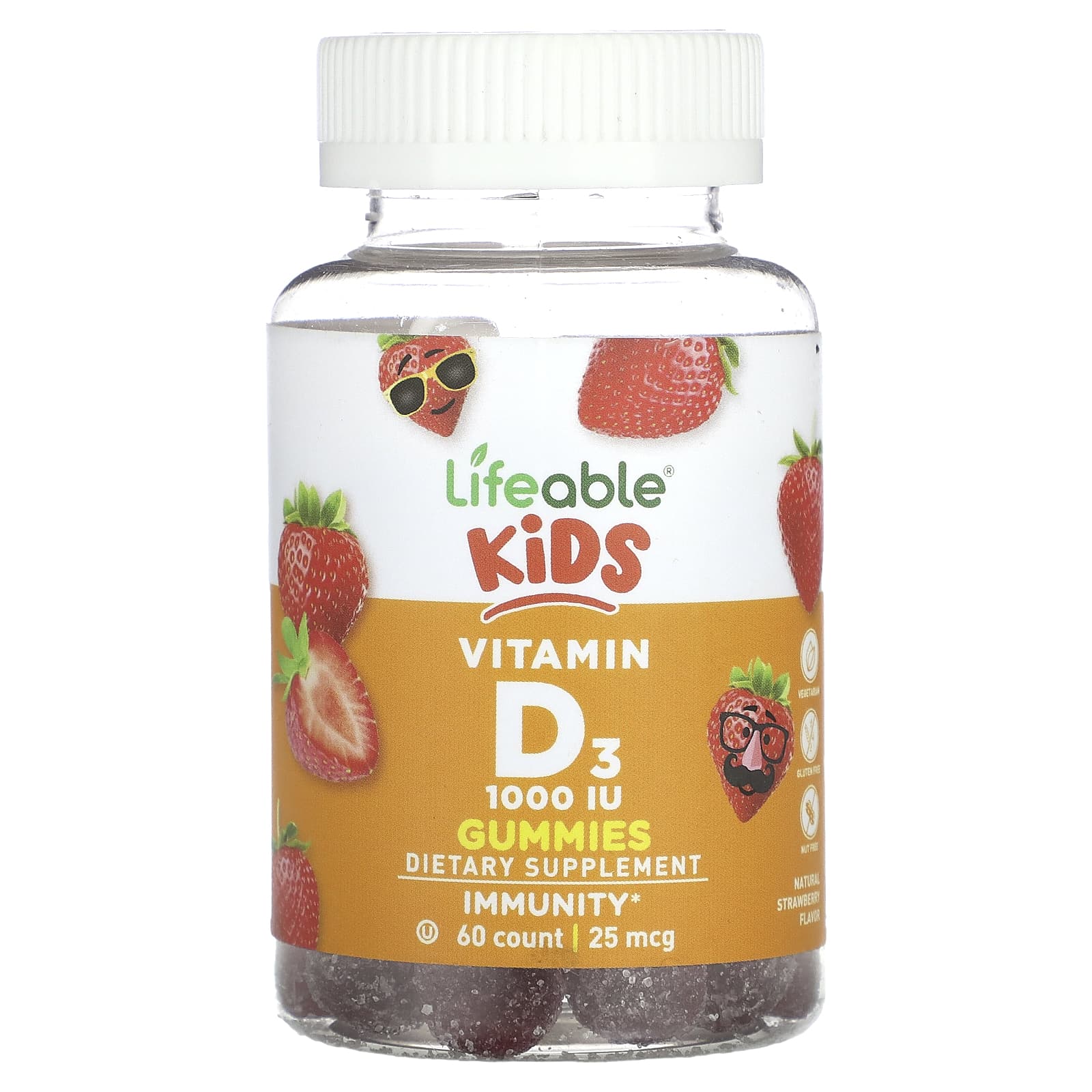 

Lifeable, Vitamin D3 gummies for children, natural strawberry flavor, 25mcg (1,000IU), 60 gummies