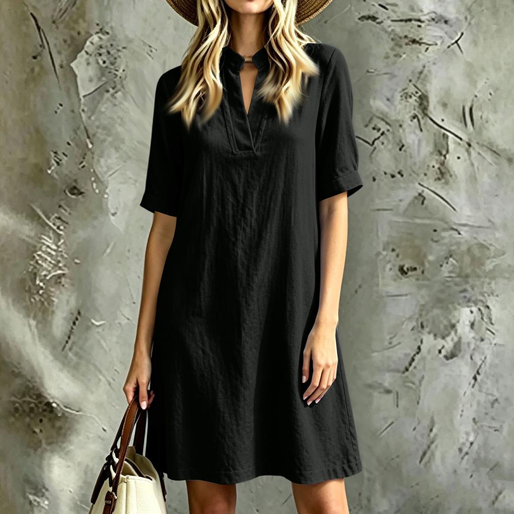 Women's Short Sleeve Notched V-Neck Stand Collar Color Loose Fit Casual Dress with Pockets