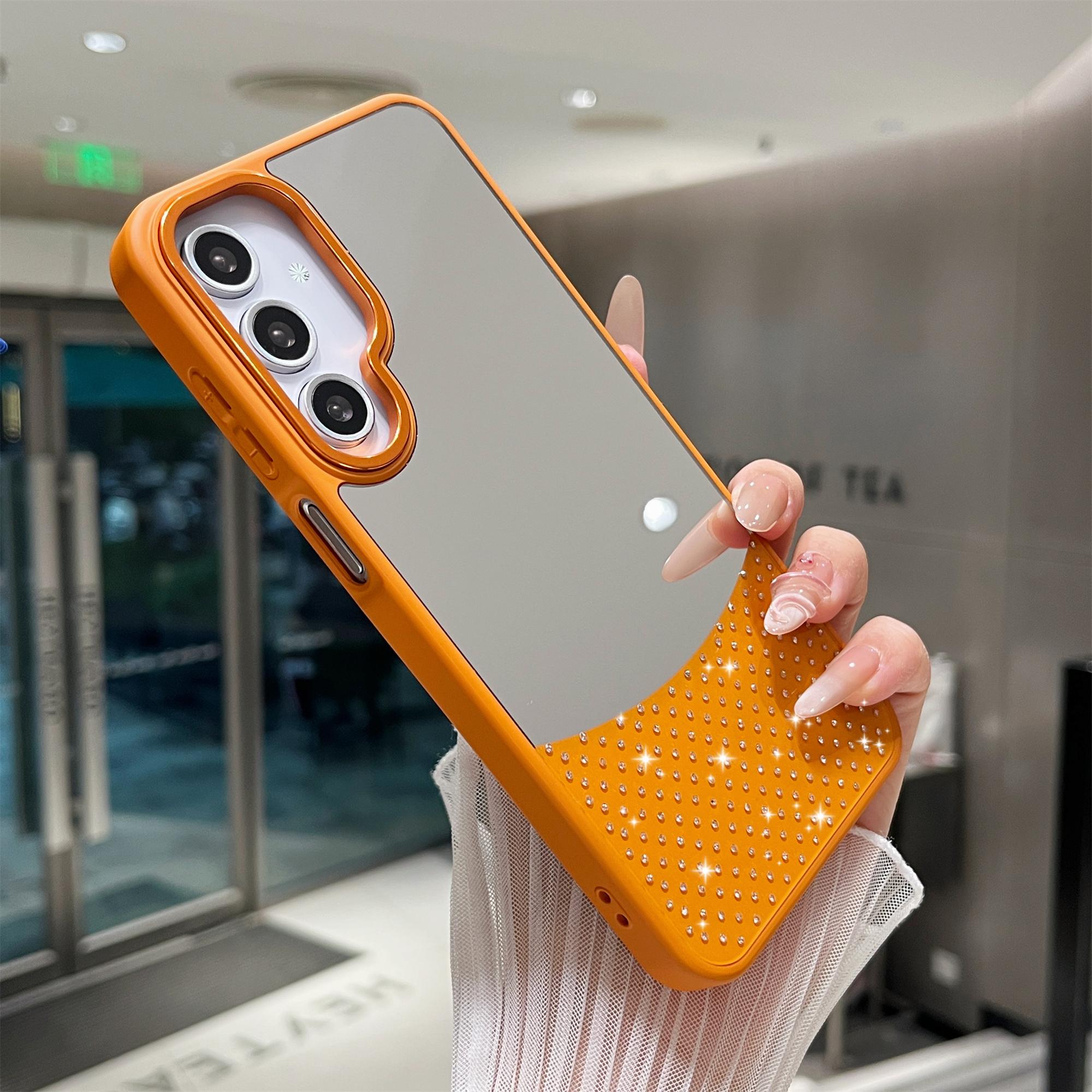 

For Samsung Galaxy S25/S24 Case Mirror Surface TPU+PC Shockproof Phone with Metal Lens Frame Orange