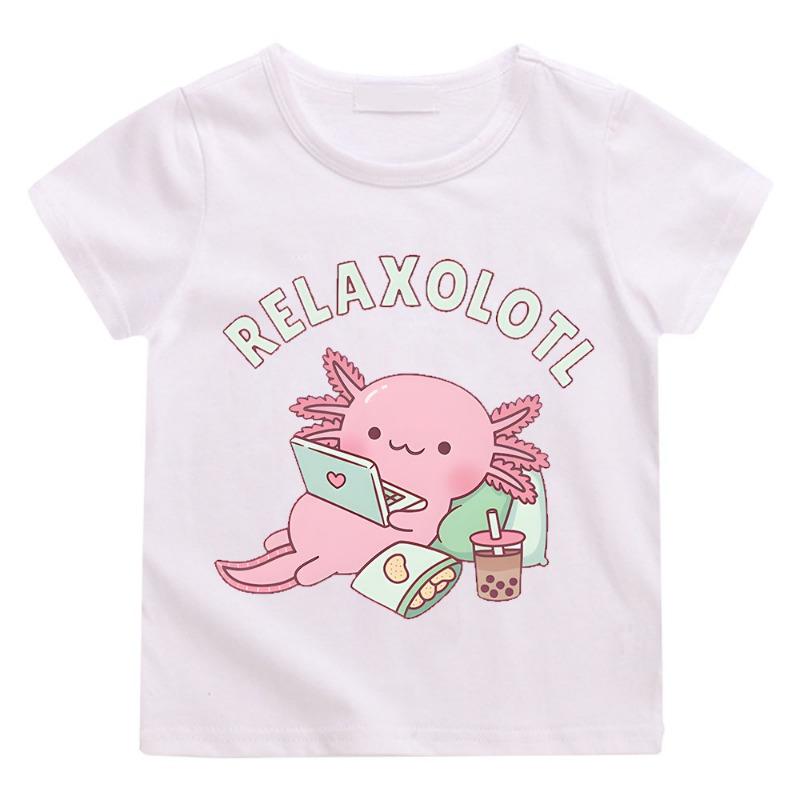 Cute Relax A Lot Axolotl Kids T-shirt Cartoon Funny Pun Graphic Clothes for Boys/Girls Cotton Short Sleeve Kids Summer Tops Tees