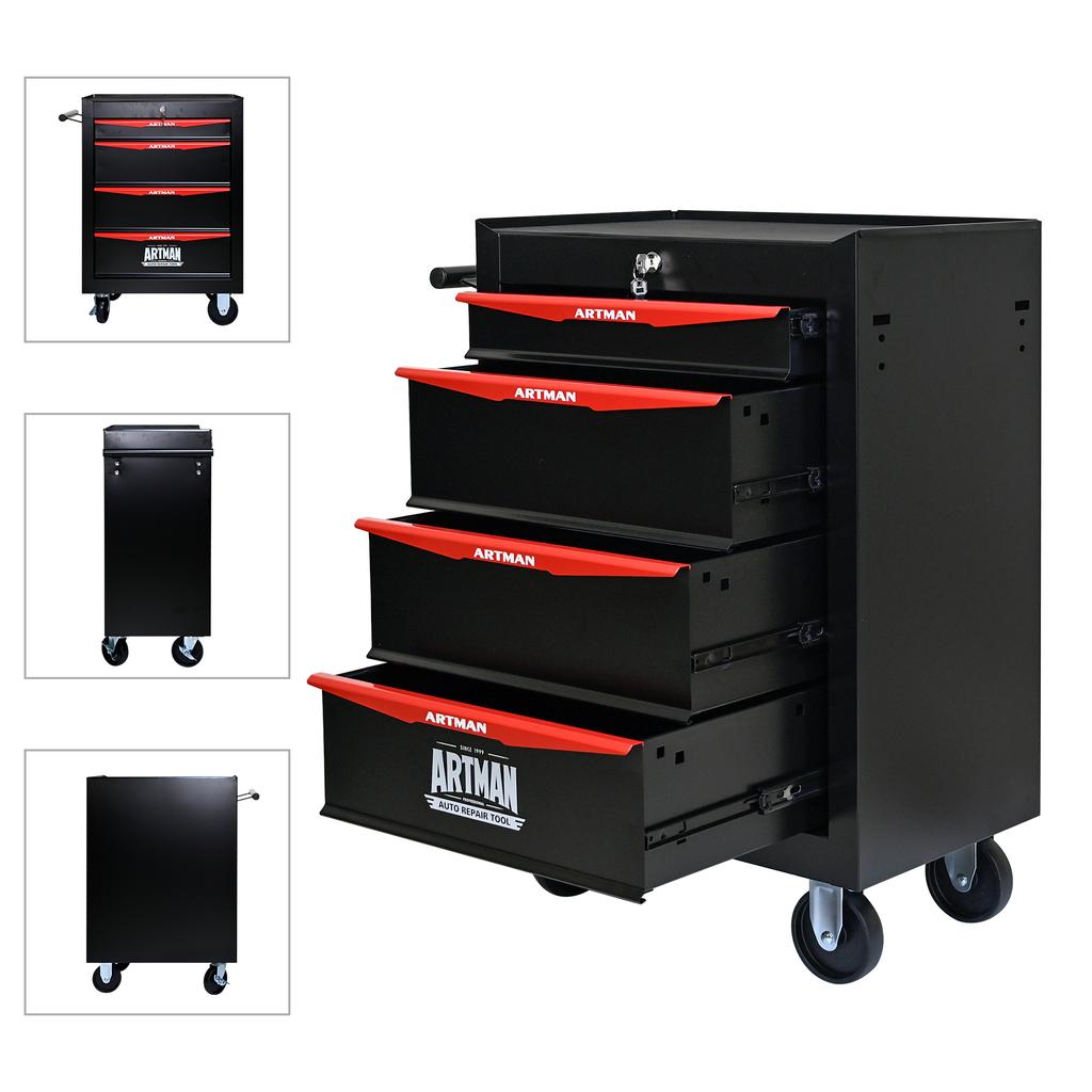 Mobile Metal Tool Cabinet with 4 Drawers, 508 mm (20 Inch), and Ball-Bearing Drawer Slides, Organizing Steel Tool Box – Black-Red