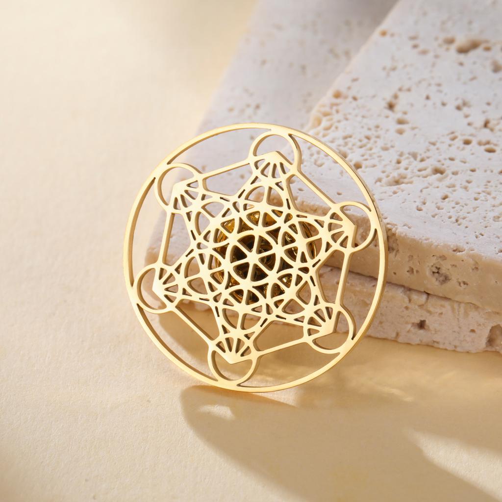LIKGREAT Hollow Geometry Brooch Metatron Cube Archangel Metatron Medal Stainless Steel Badge Pin Spiritual Amulet Jewelry Gift