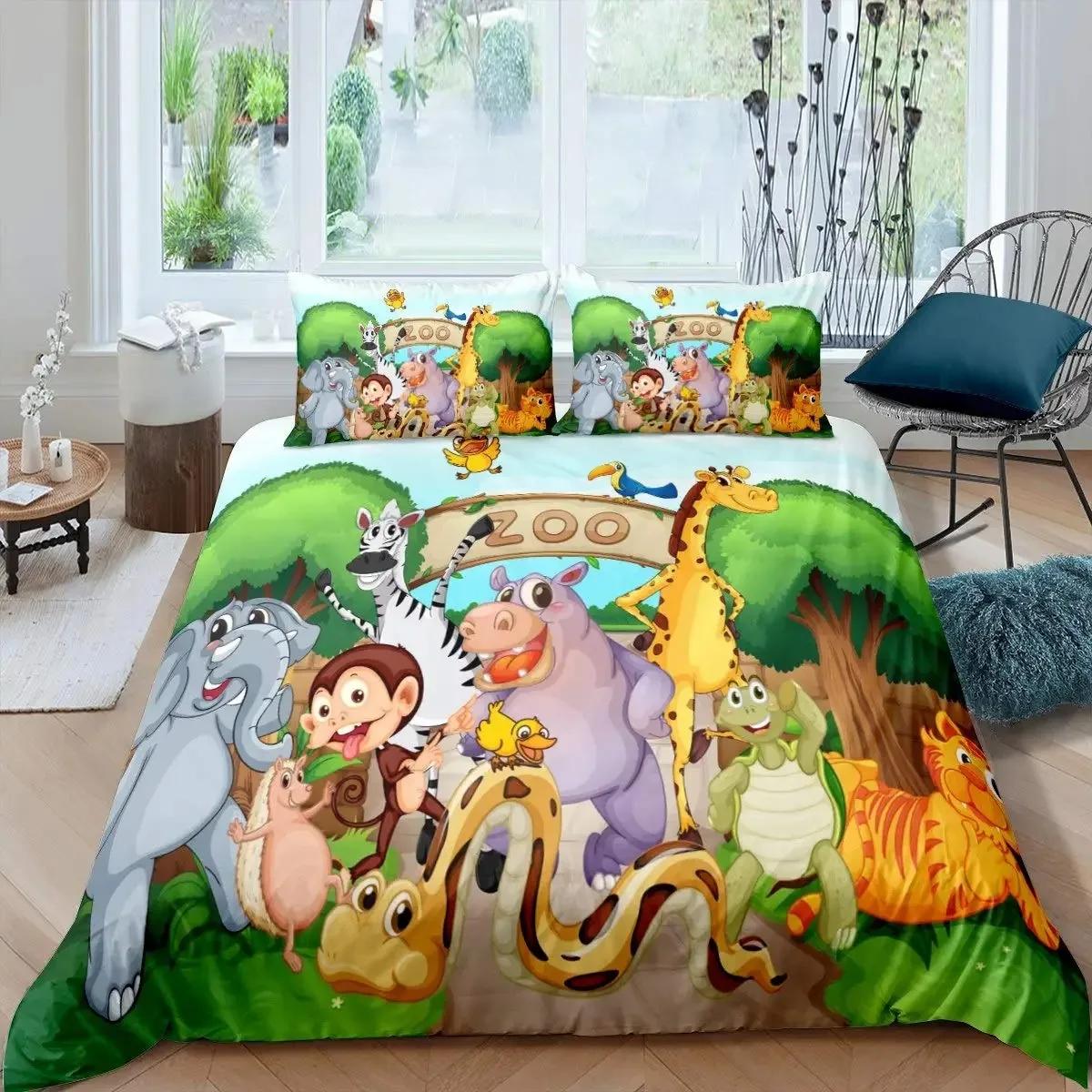 Lodestar Unisex Green Cute Monkeys Duvet Cover Set Cartoon Wild Animal Pattern Bedding Sets Tree Comforter Cover Wildlife Bedspread Cover