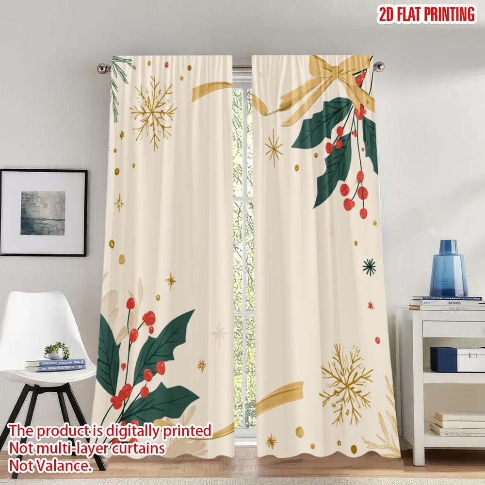 

Set Of 2 Flat Printing Fashionable Christmas Curtains Holly Snowflake Ribbon Digital Printed Polyester Drapes Party Curtain Made W100*H70(CM)-Grommet top&2PCS