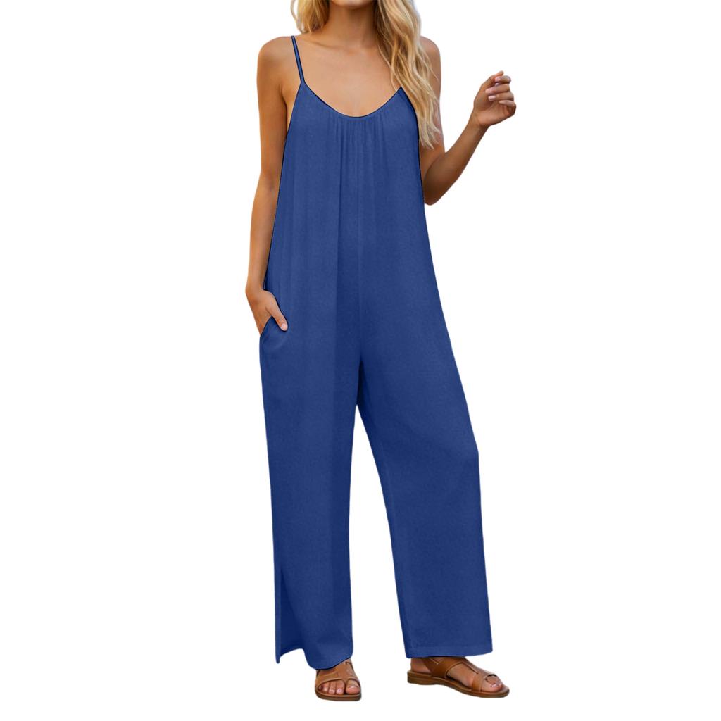Women's  V-neck Waist Cinched Fashionable Jumpsuit Wide Leg Pants
