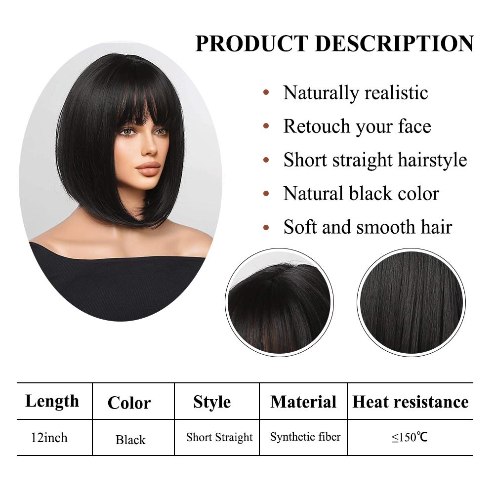 Bob Black Synthetic Wig with Bangs for Women Afro Short Dark Straight Wigs Cosplay Halloween Natural Hair Lolita Heat Resistant