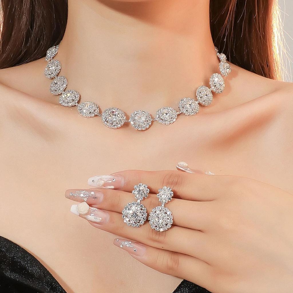 3pcs Women's Zircon Set Rhinestone Earrings Necklace New Wedding Party Luxury Fashion Accessories-4068