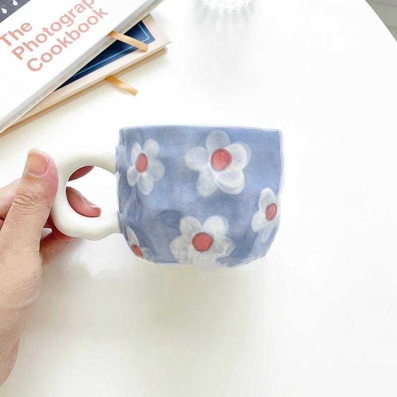 

Hand Pinched Coffee Mug Irregular Flower Ceramic Cup Breakfast Milk Afternoon Tea Cups Underglaze Colour Mugs Decoration Gifts 301-400ml