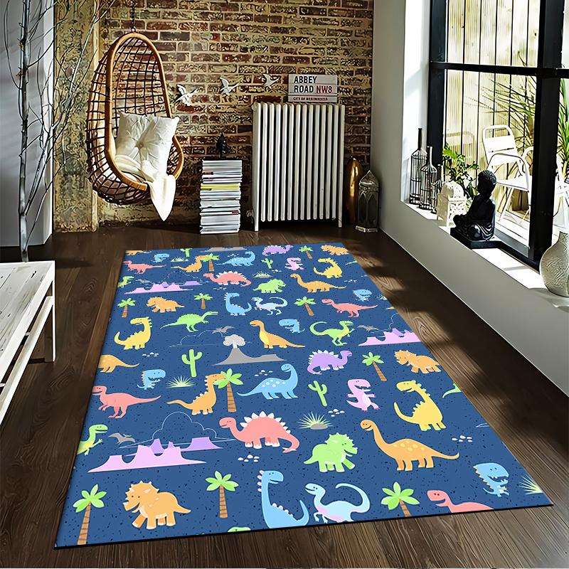 Kids Dinosaur Pattern Carpet with Colorful Animals and Blue Background Suitable for use as an anti-slip for living room bedroom sofas
