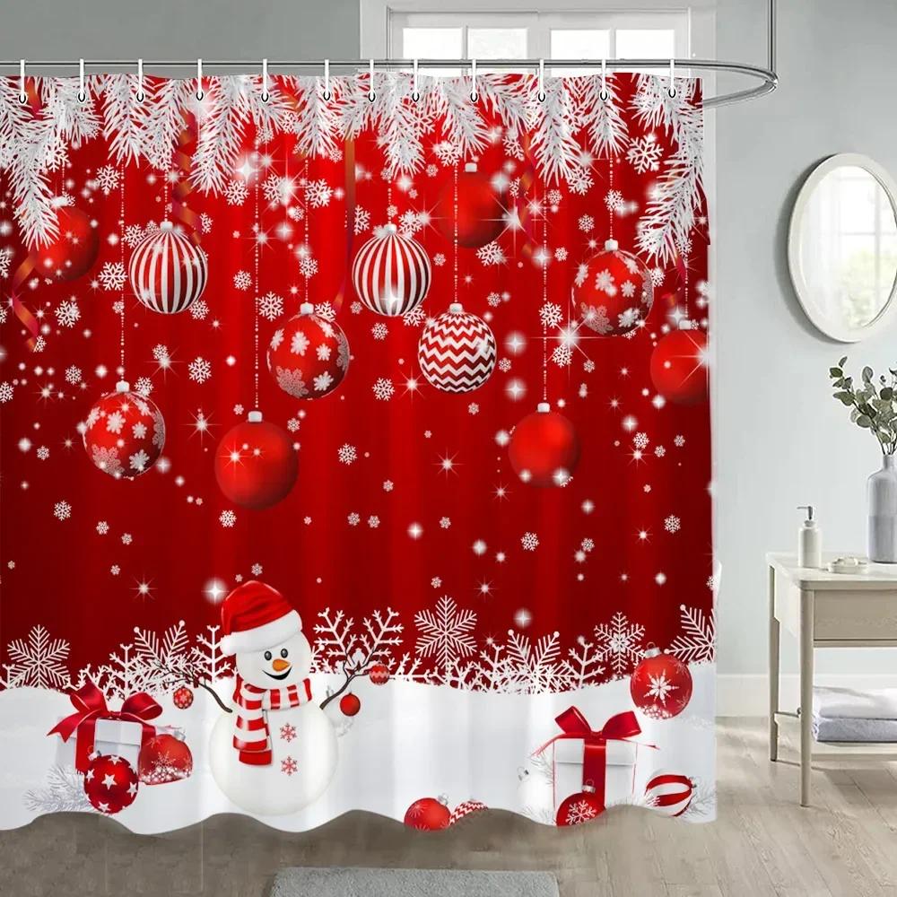 

Christmas Shower Curtain Funny Cartoon Santa Claus Silver Fir Branches Snowflakes Grey New Year Home Decor Bathroom Curtains Set 90x180cm-35x70in