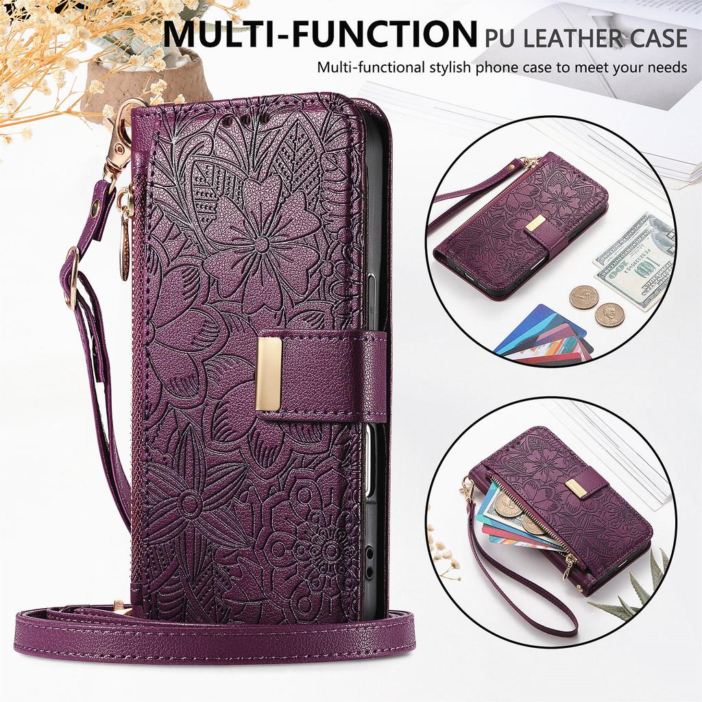 Floral Leather Wallet Case for Samsung Galaxy A05-A71 / S24-S25 series...with Detachable Shoulder Strap
