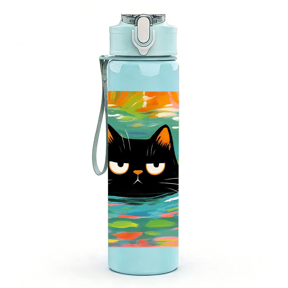 1PC Color Block Black Cat Canvas 750ml Color Plastic Sports Water Bottle Leakproof Flip Straw Lid Suitable for Sports Office Home Use