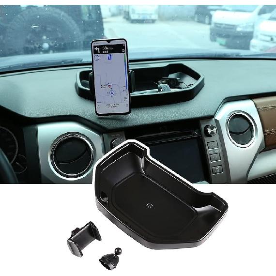 LLKUANG Black ABS Car Center Console Dash Table Storage Tray Fit for Toyota Tundra 2014-2021 Instrument Organizer 360° Rotating Phone Holder Cradle