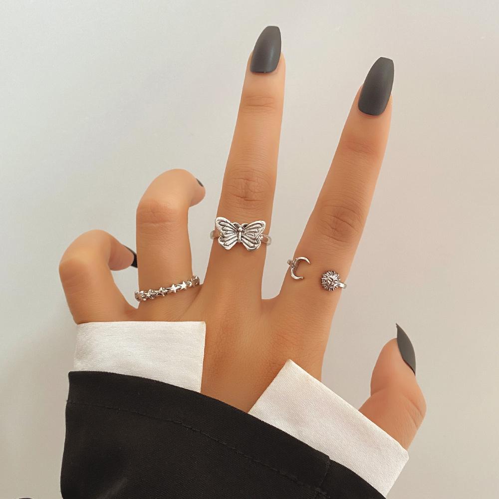 Vintage Silver Color Metal Butterfly Star Rings Trendy Hip Hop Punk Women Jewelry