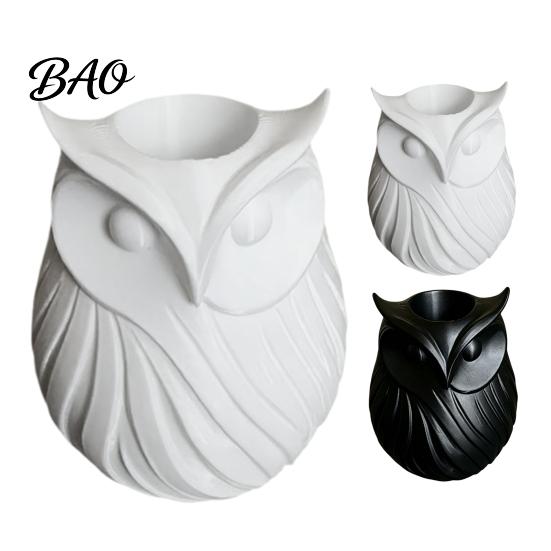 Stationery Organizer 3D Printed Owl Pen Holder, 2 in 1 Flower Vase Black And White Cup Desk Organizer, Cute Plastic Makeup Brush Home Office