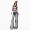 Spring Summer Hand Sand Enzyme Wash Stretch Blue Slim Micro Flare Denim Pants For Women Casual Pants Oversize Denim Trousers