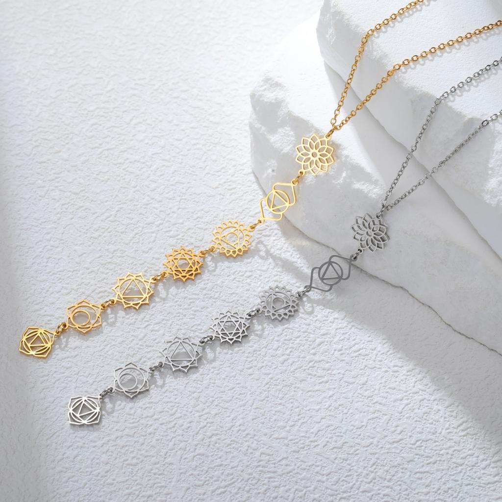 Yoga 7 Chakra Flower Charm Necklace for Women Girls Stainless Steel Gold Color Reiki Amulet Jewelry Mother's Day Gift