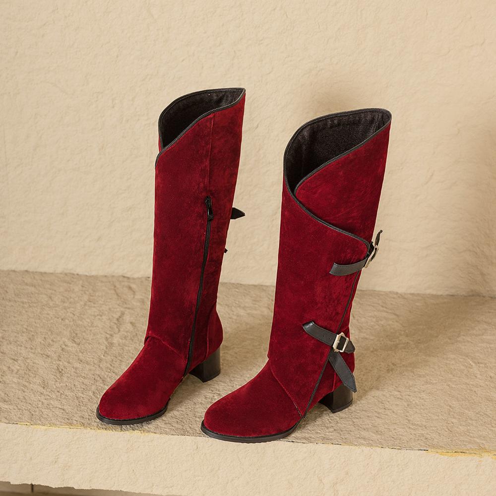 Red Black Women Knee High Boots High Square Heel Big Size 47